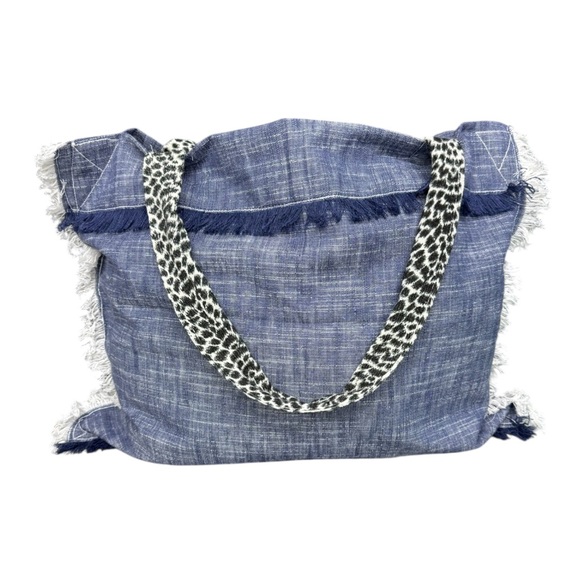 Blue Frayed Denim Tote Bag Leopard Straps Patchwork Jean Pocket - Picture 2 of 6